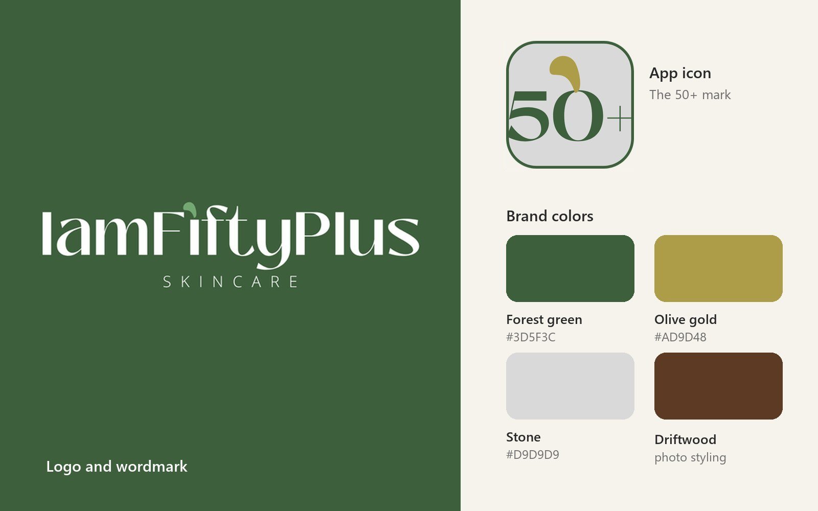 IamFiftyPlus brand board: logo, 50+ icon and brand colors