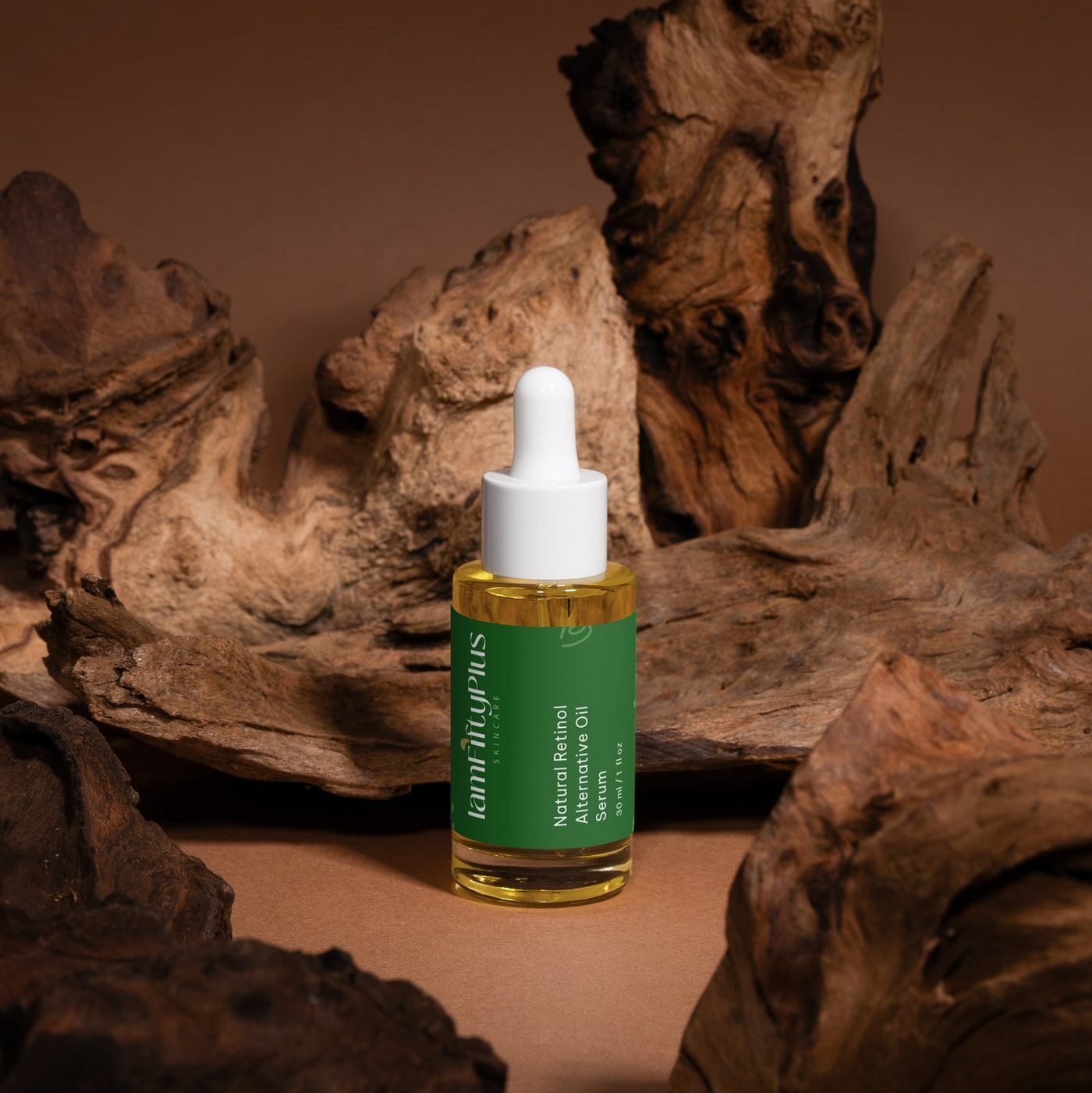 IamFiftyPlus Natural Retinol Alternative Oil Serum on driftwood